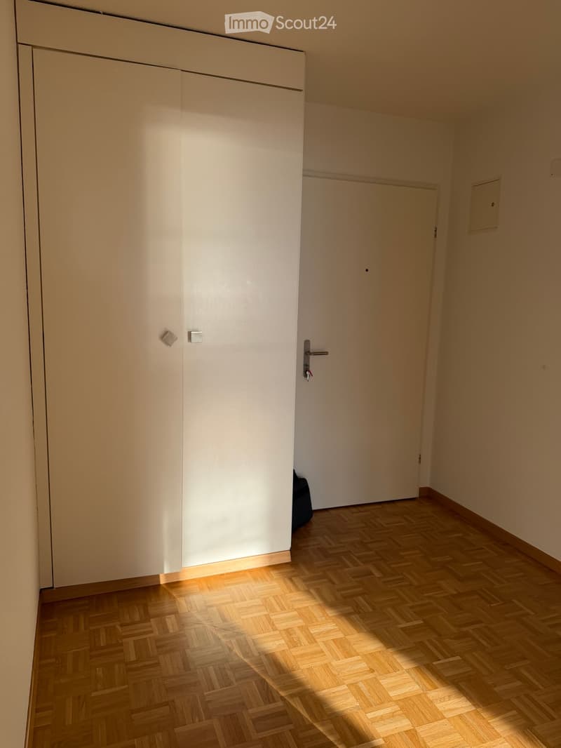 Empty room with wooden herringbone flooring, white walls, and a closed white door.