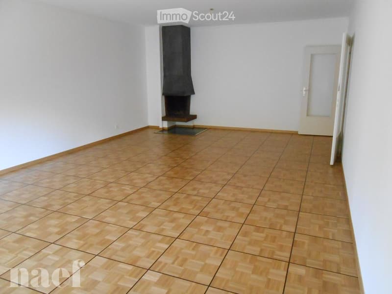 Empty room with wooden flooring, white walls, and a fireplace with a black chimney. No furniture or equipment present.