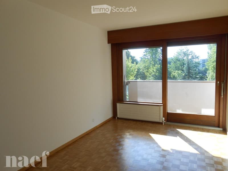 Empty room with wooden flooring, large windows offering a view of greenery, and a radiator below the windows.