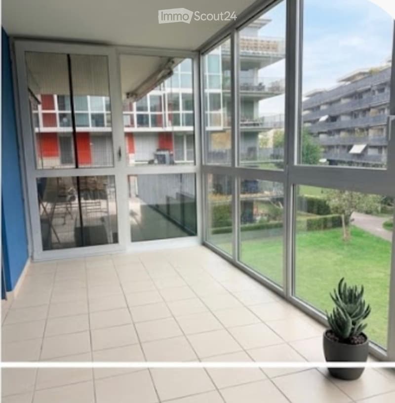Spacious balcony with large glass windows, tiled floor, and a single potted plant near the window.