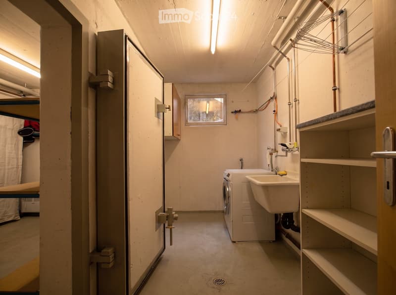 Utility room with a washing machine, sink, shelves, and exposed pipes.