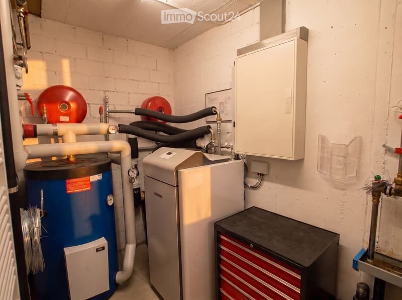 Utility room with water heater, boiler, toolbox, and various pipes and valves.