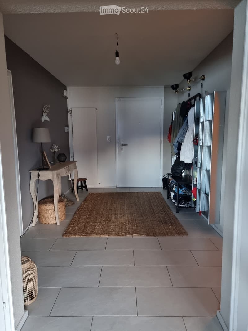 Hallway with a small table, stool, lamp, coat rack, and a large rug on the floor.