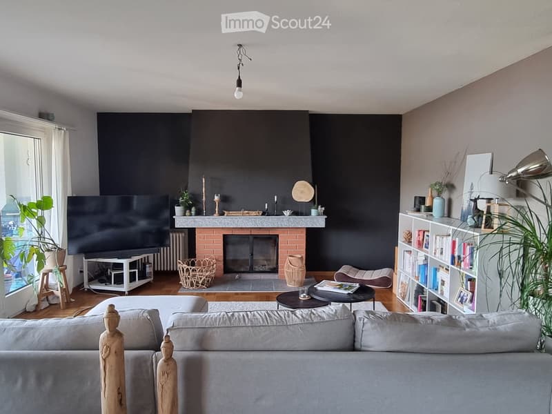 Modern living room with a grey sofa, fireplace, bookshelf, coffee table, and decorative items.