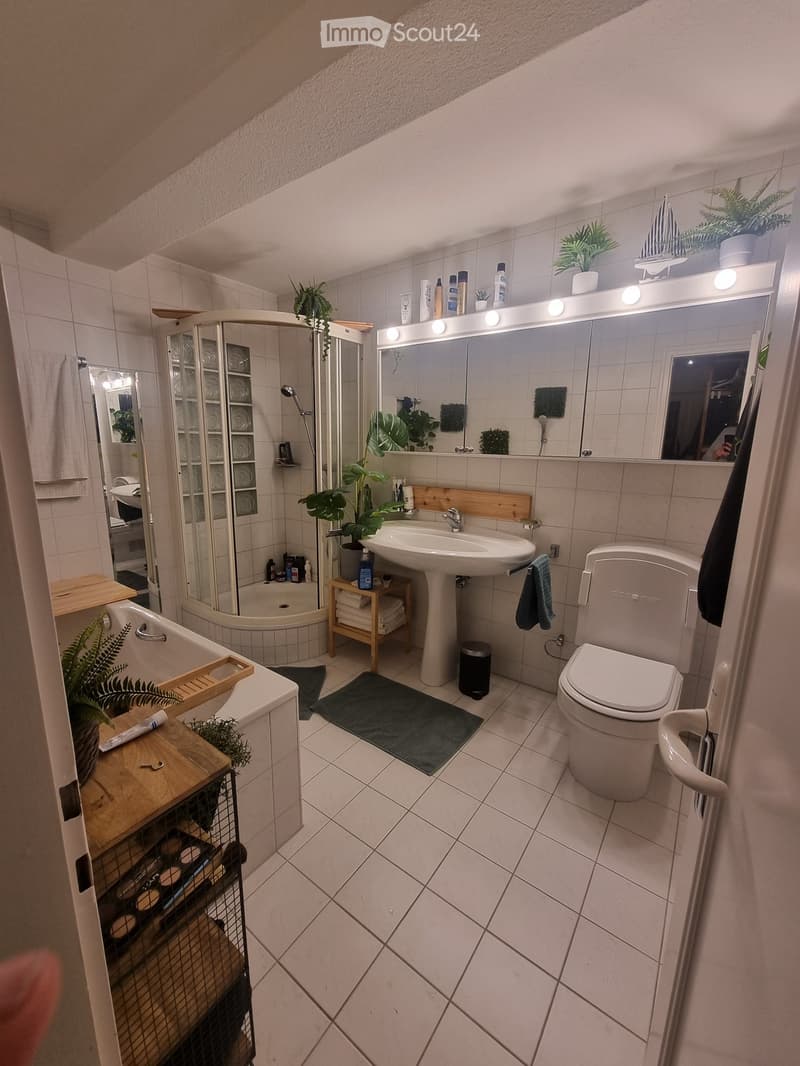Modern bathroom with a bathtub, toilet, sink, mirror, and shower. Features include a large mirror with built-in lighting, a wooden shelf with towels, and decorative plants.