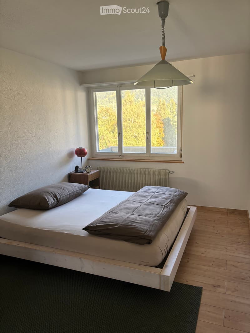 A modern bedroom with a wooden bed frame, a grey duvet, a nightstand with a lamp and clock, and a large window with a view of trees.