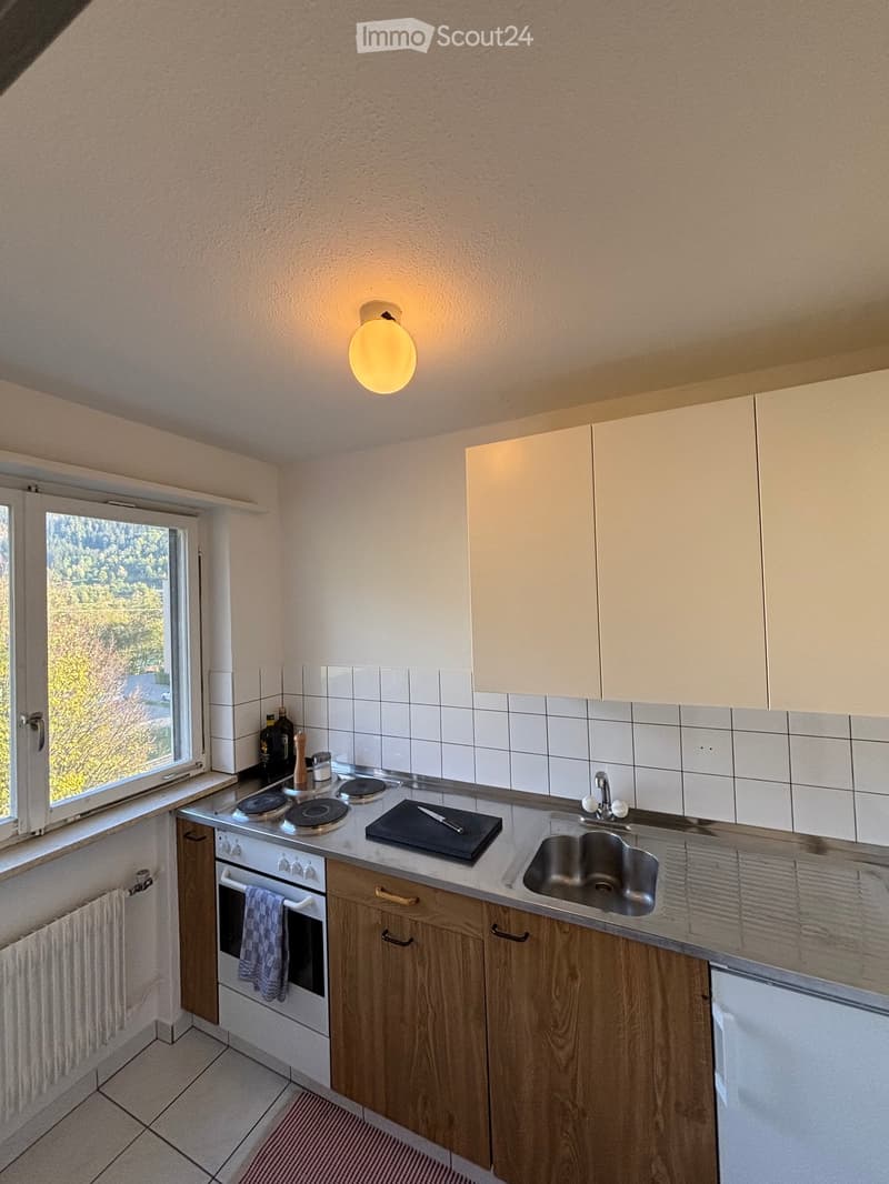 Modern kitchen with wooden cabinets, stainless steel sink, electric stove, and various kitchen items on the counter.