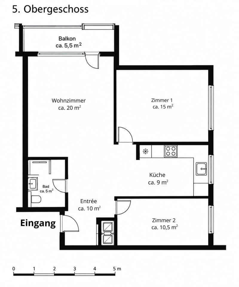 Floor plan of the upper floor showing a living room, two bedrooms, a kitchen, a bathroom, an entrance, and a balcony.
