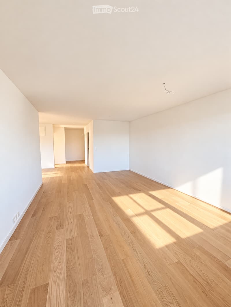 Empty room with light wooden flooring and white walls, featuring natural light streaming in from a window.