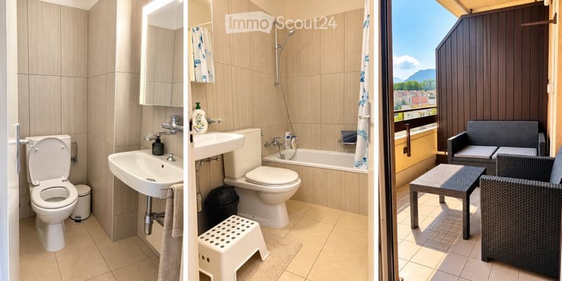 Modern bathroom with beige tiles, a toilet, sink, bathtub, and a shower. Includes a small white stool and a mirror above the sink. The adjacent balcony features outdoor seating with a view of the mountains.
