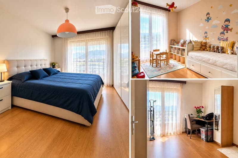 The image shows a multi-room layout featuring a bedroom, a children's play area, and a study area. The bedroom has a large bed with blue bedding, a nightstand, and a lamp. The children's area includes a bunk bed with stuffed toys, a small table, and a boo
