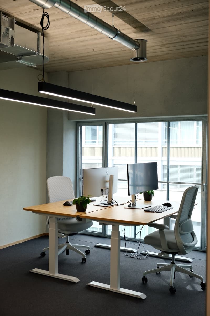 Modern office space with a large wooden desk, two ergonomic chairs, dual monitors, keyboard, mouse, and small potted plant.