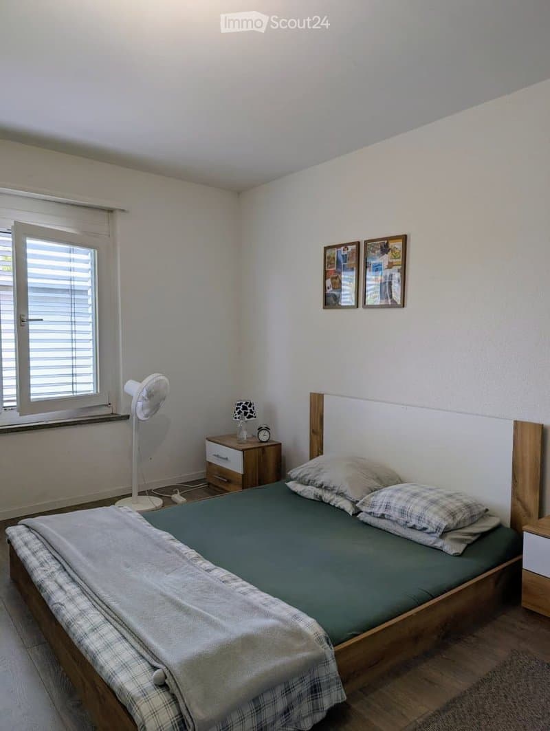 Cozy bedroom with a wooden bed, nightstand, fan, lamp, and two picture frames on the wall.