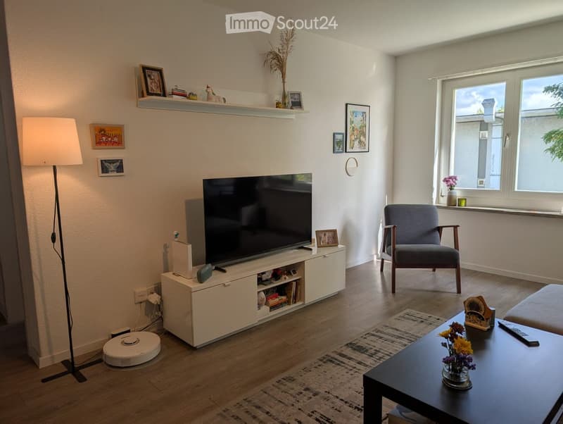 Modern living room with a large TV, sofa, armchair, coffee table, floor lamp, and decorative items on shelves and tables.