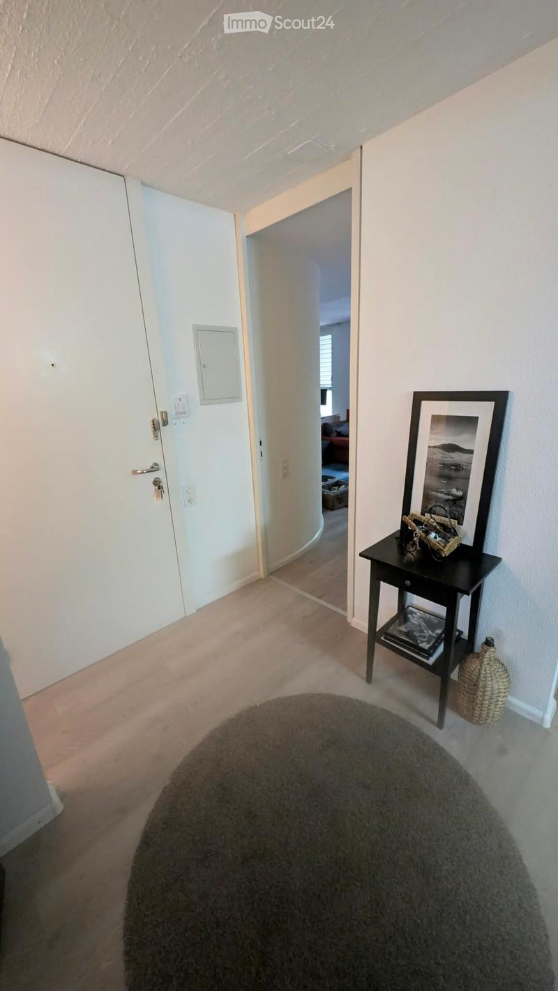 A small entryway with a round gray rug, a black side table holding a picture frame, a basket, and some magazines, and a white door leading to another room.