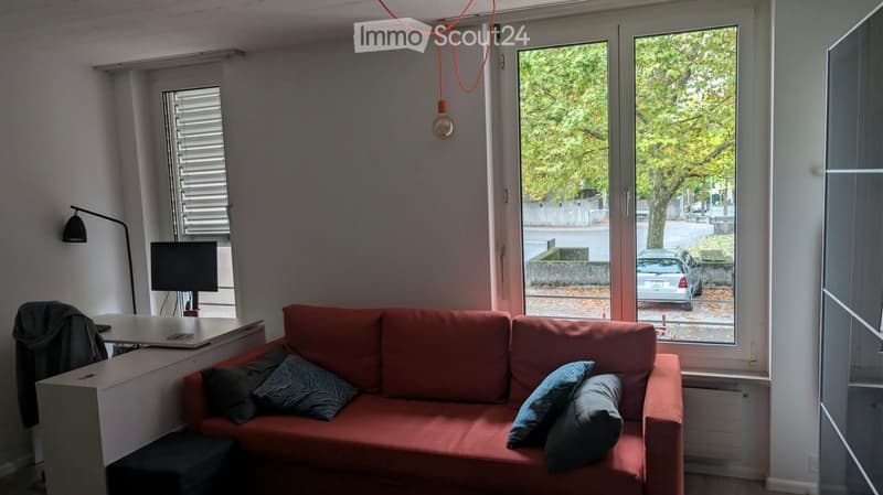 A modern living room with a red sofa, a small table, a chair, a lamp, and a screen. The room has large windows with blinds and a view of the street.