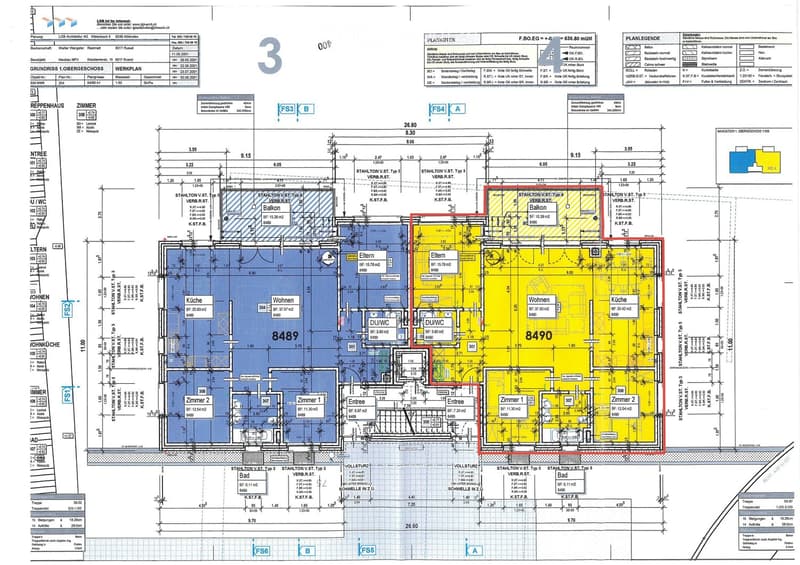 Floor plan of a residential building showing multiple apartments with labeled rooms, dimensions, and technical details. Includes living areas, bedrooms, bathrooms, and entrances.