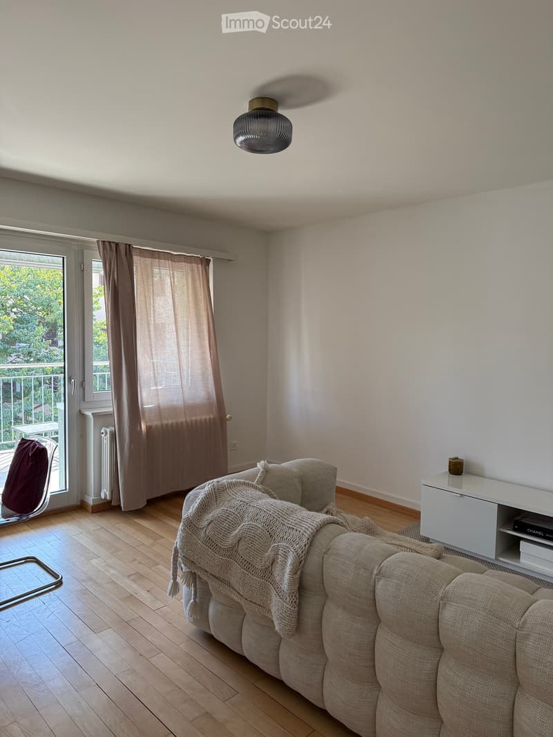 Modern living room with wooden flooring, a beige sofa draped with a knitted blanket, a white TV cabinet, a glass table, and a balcony with a view of greenery.