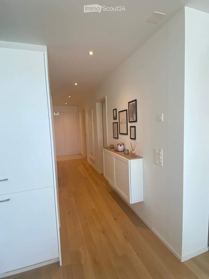 A modern hallway with light wooden flooring, white walls, and recessed lighting. Features a small white console table with decorative items and framed artwork on the wall.