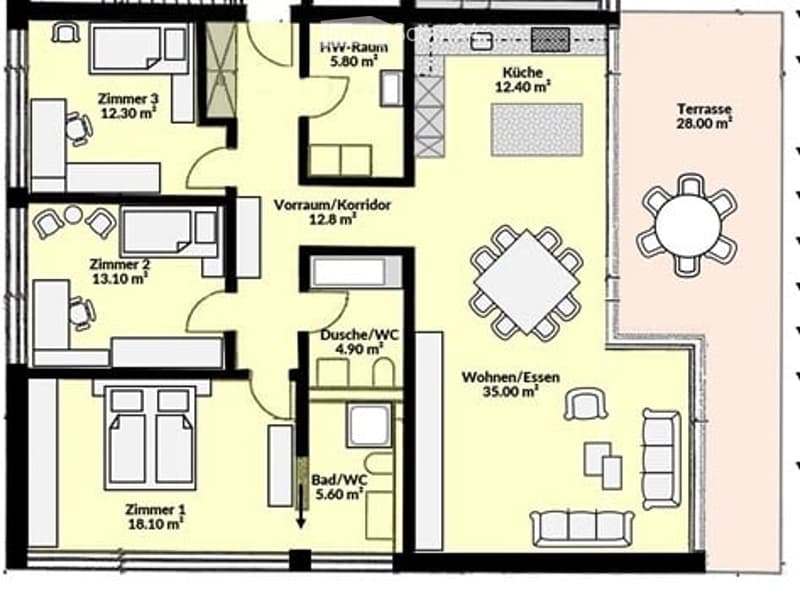 Floor plan of an apartment with four bedrooms, two bathrooms, kitchen, living/dining area, hallway, and a terrace.