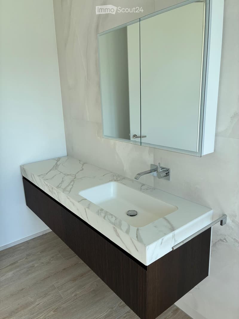Modern bathroom with a marble countertop, a single sink, a sleek faucet, and a mirrored cabinet above.