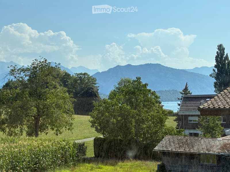 A scenic outdoor view featuring a grassy field, trees, a stone wall, and a house with a tiled roof, with mountains and a lake in the background.
