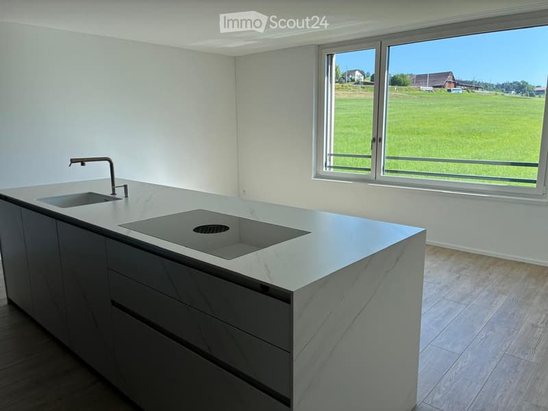 Modern kitchen with a large island featuring a double sink and faucet, light-colored countertops, and wooden flooring. Large windows offer a view of a green field.