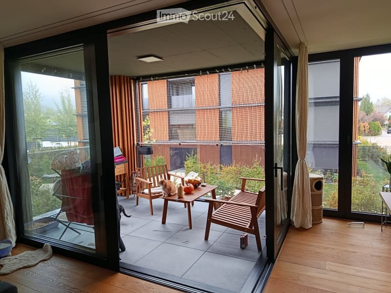 Balcony with wooden chairs, a small table, a cat, and a cat tree. The balcony has large glass doors leading to a room with wooden flooring.