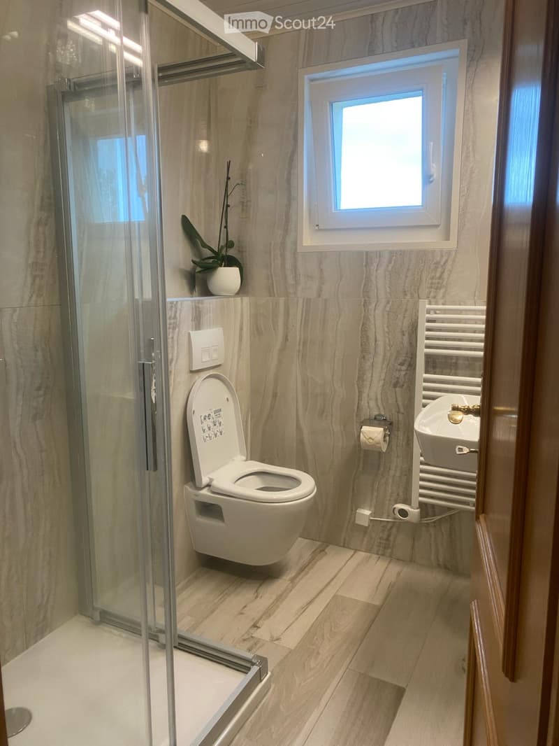 Modern bathroom with marble walls and floor, featuring a toilet, sink, shower, radiator, and a small plant on the windowsill.