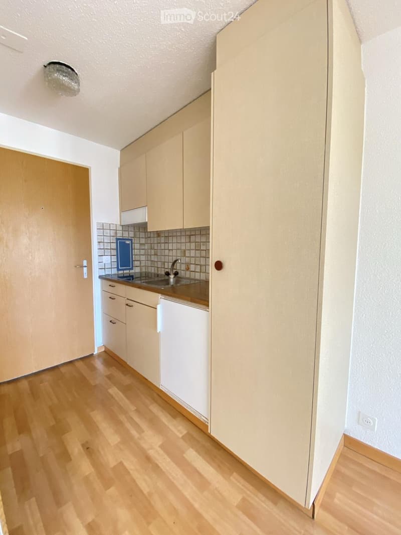 Modern kitchen with light wooden cabinets, a stainless steel sink, and a white refrigerator. The floor is made of light wooden planks.