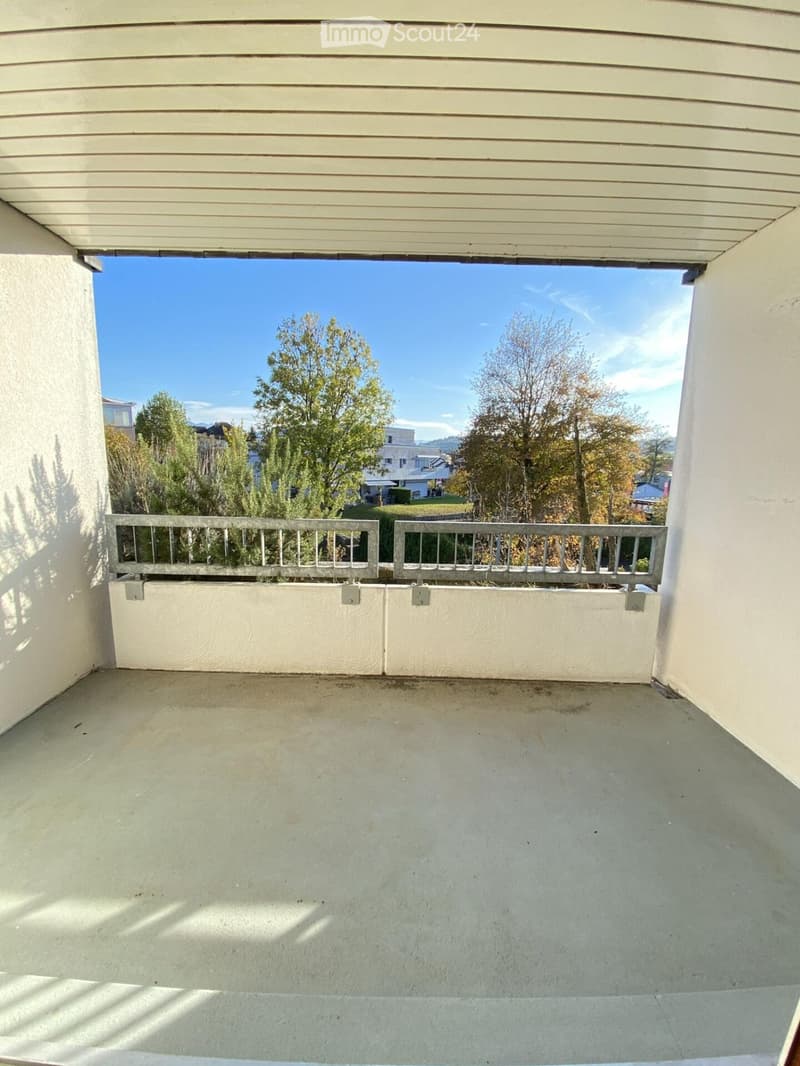 Empty balcony with a metal railing, overlooking a residential area with trees and houses.