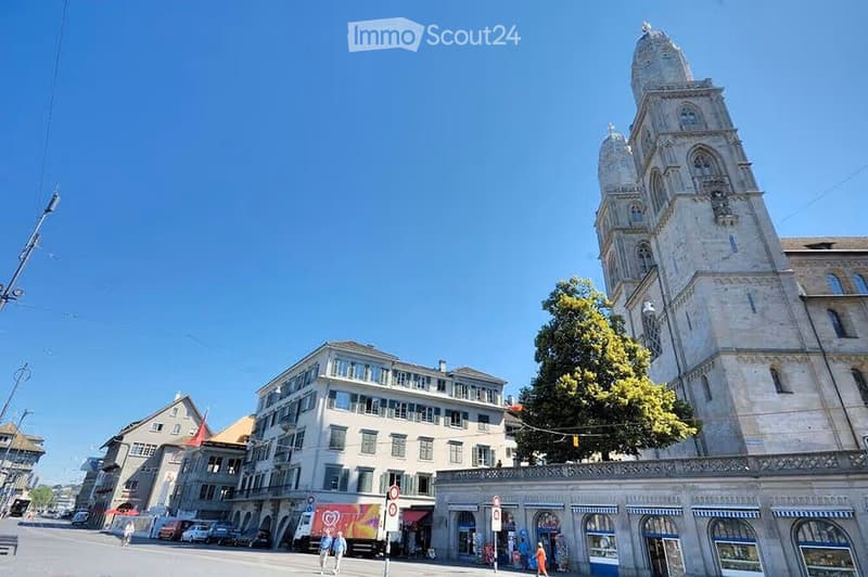 A large, ornate building with a tall tower and intricate stonework, surrounded by smaller buildings and a tree, with a clear blue sky in the background.