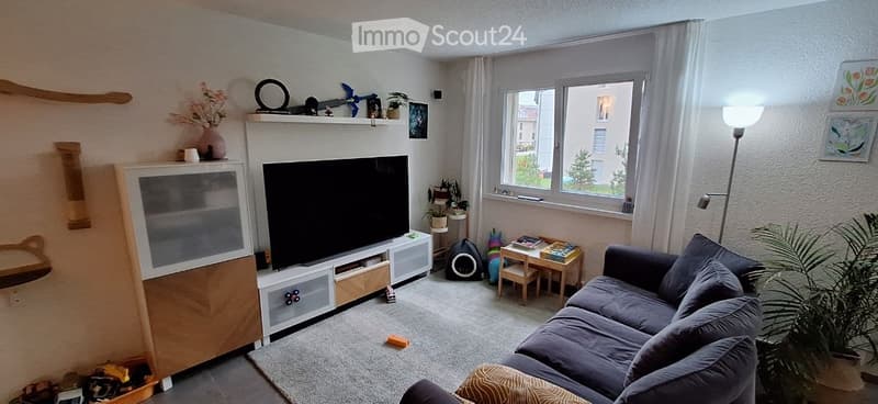 Living room with a grey sectional sofa, coffee table, TV stand, floor lamp, small table with chairs, cat tree, and decorative shelf with various items.