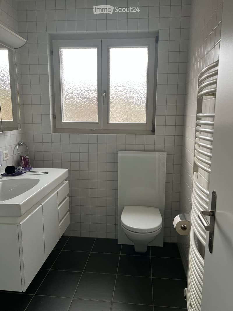 Modern bathroom with white tiles, a sink with a mirror, a toilet, a radiator, and a towel on the sink counter.