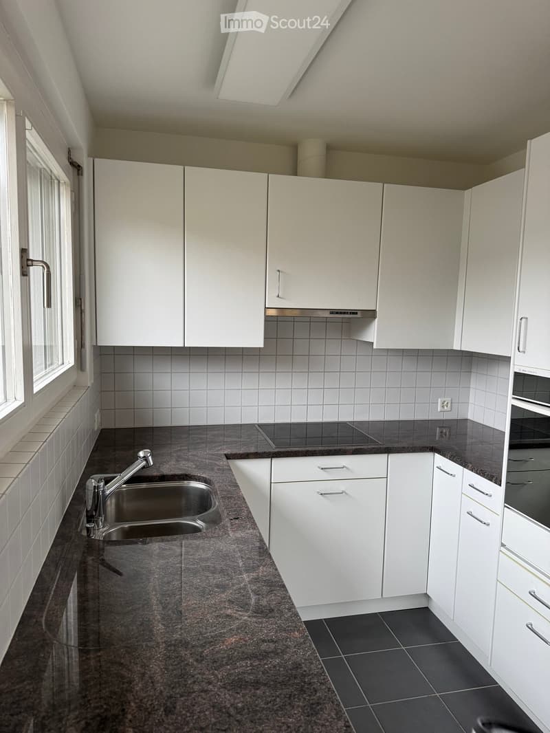 Modern kitchen with white cabinets, granite countertop, stainless steel sink, and built-in appliances.