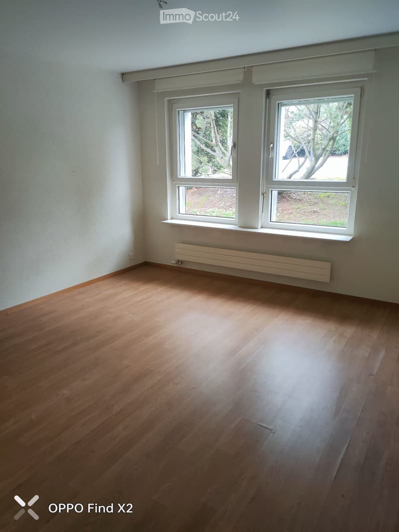 Empty room with light wooden flooring, white walls, and large windows with white frames. A radiator is visible below the windows.
