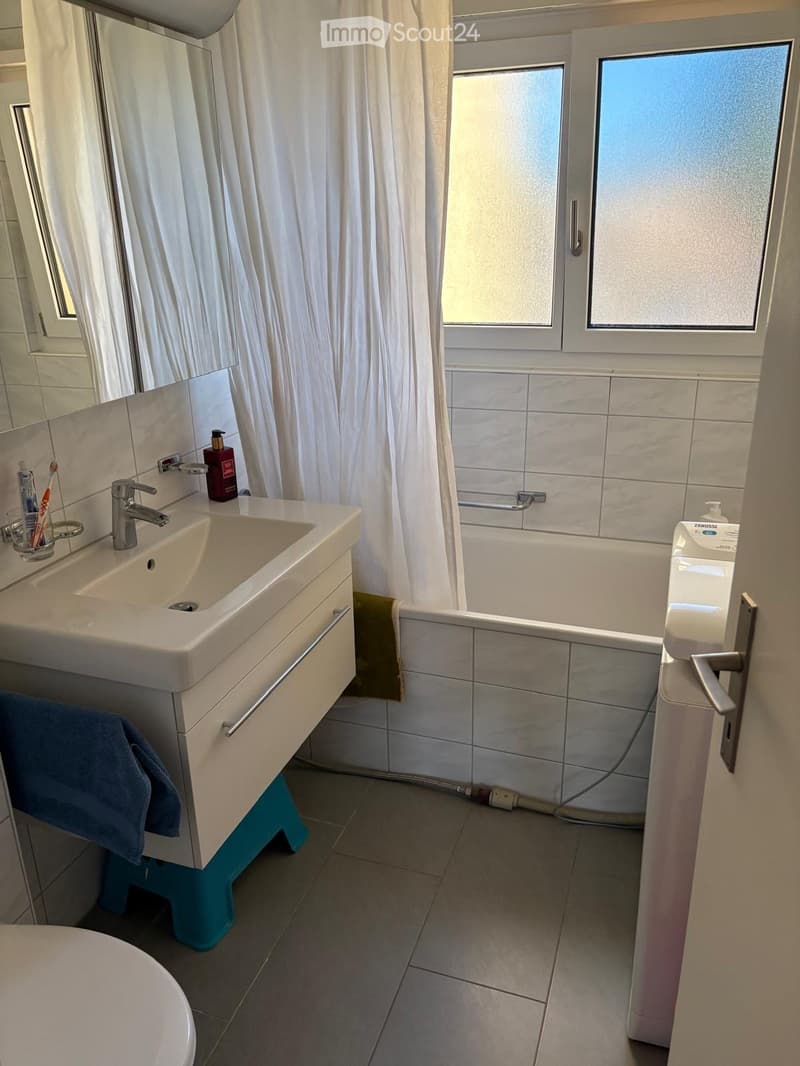 Modern bathroom with a white sink, faucet, toothbrush holder, bottle, bathtub, towel, and hand sanitizer. The room features white tiles and a large window with frosted glass.