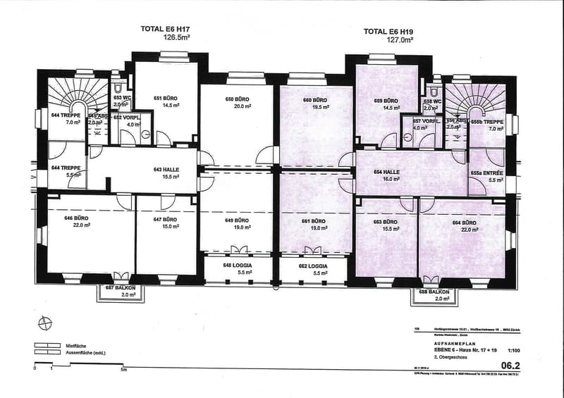Floor plan of two apartments (E6 H17 and E6 H19) on the 6th floor, each with offices, bathrooms, entrances, staircases, and balconies.