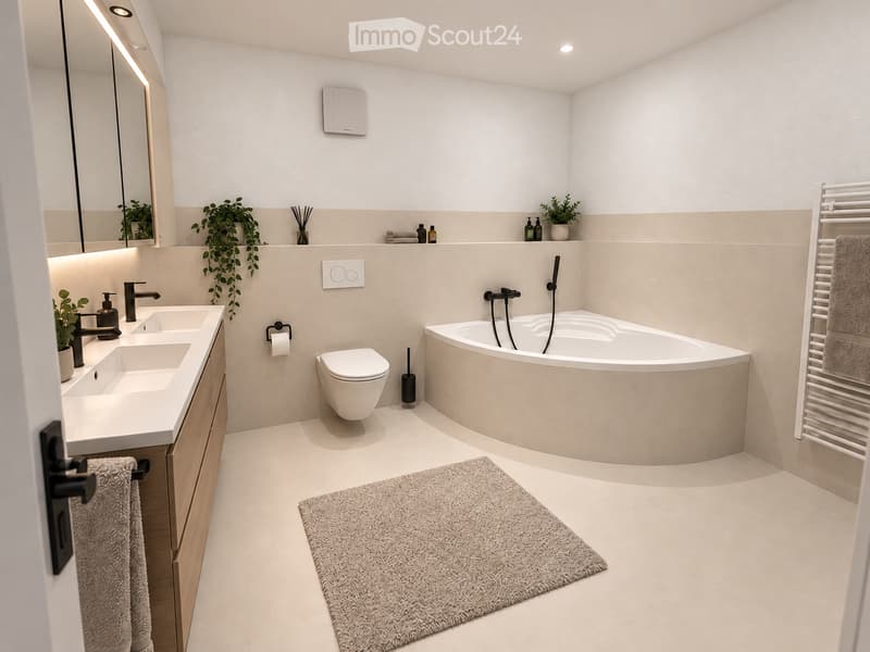 Modern bathroom with a freestanding bathtub, toilet, double sink, and a large mirror. Features include a towel rack, a small plant, and a soft rug on the floor.