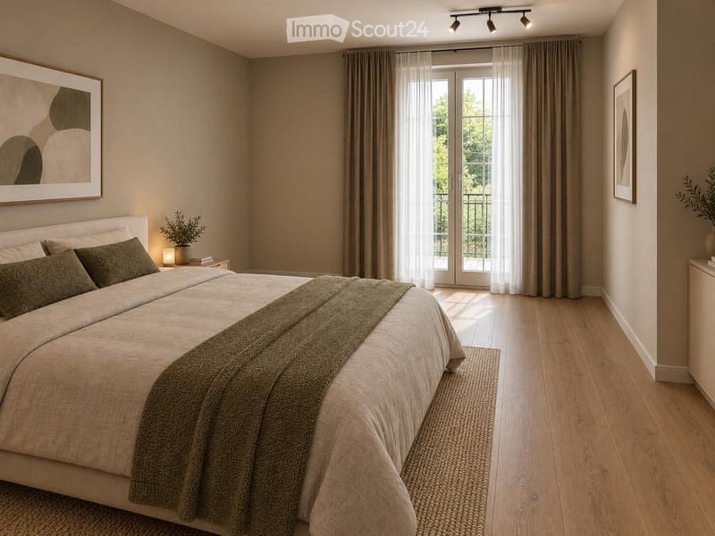 Modern bedroom with a large bed, nightstand, potted plant, artwork, and a bench near the bed.
