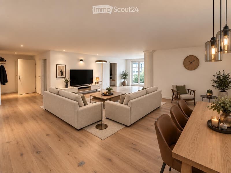 Modern living room with light wooden flooring, a large sectional sofa, coffee table, dining table with chairs, TV, floor lamp, and decorative plants.