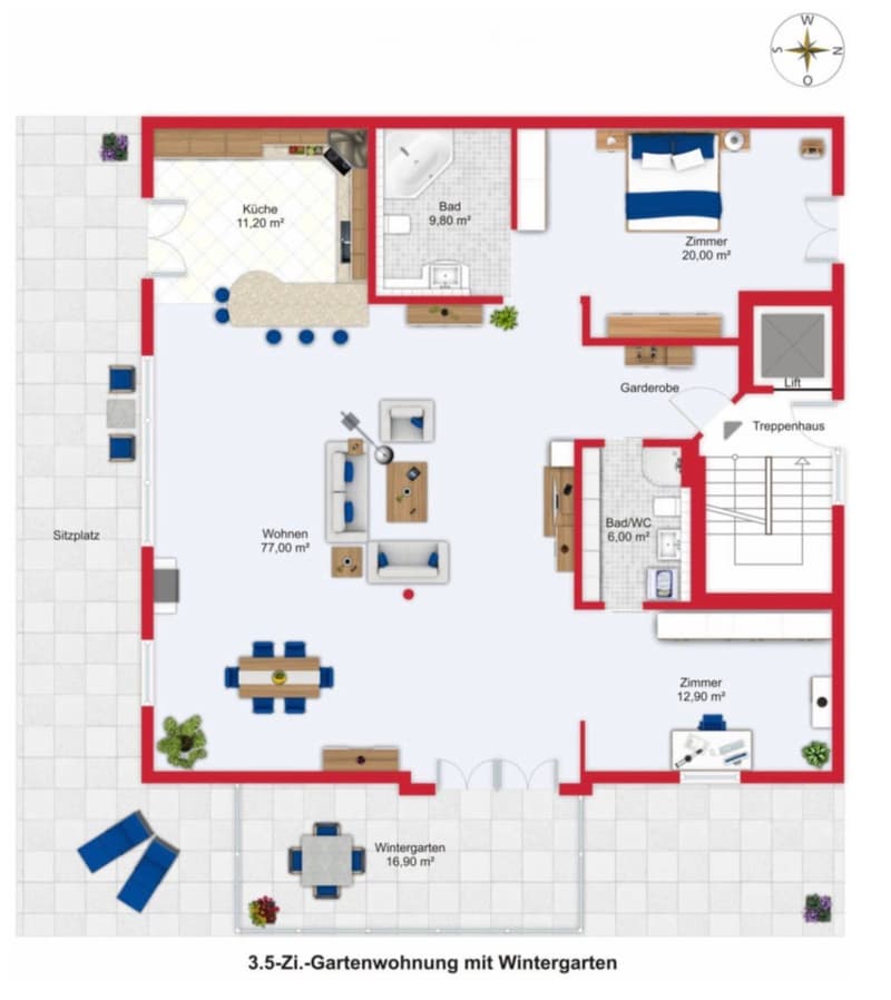 Floor plan of a 3.5-room garden apartment with a winter garden, including living room, kitchen, bedrooms, bathrooms, and a staircase.