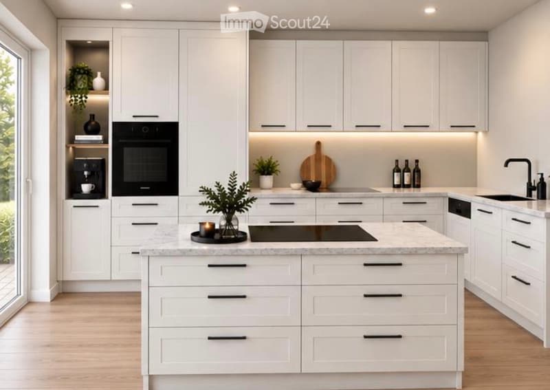 Modern kitchen with white cabinets, a central island, and various appliances including an oven, coffee maker, and sink.