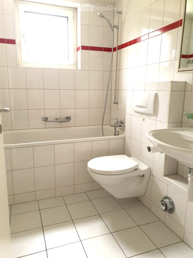 Modern bathroom with white tiles, a toilet, a sink, a bathtub, a showerhead, a mirror, and a handrail.