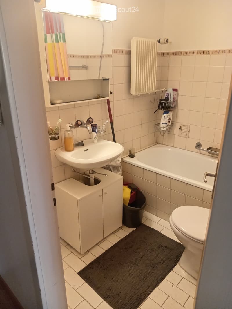 Bathroom with a sink, toilet, bathtub, and a radiator. Includes a mirror, shower curtain, and various toiletries on the sink counter.