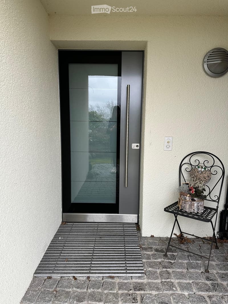 Entrance area with a modern glass door, a small decorative chair with a flower pot, and a stone-paved ground.