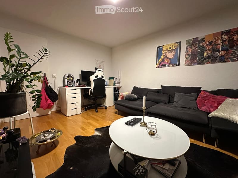 A modern living room with a grey sofa, white coffee table, desk with a computer, and a large plant in the corner. The room features wooden flooring, a black rug, and several decorative items including posters and a candle holder.