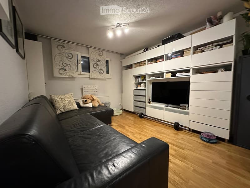 Modern living room with a black leather sofa, TV on a white cabinet, bookshelf, and a teddy bear on the sofa.