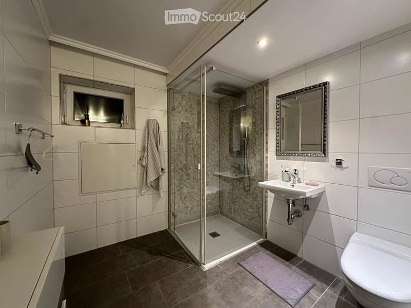 Modern bathroom with a glass-enclosed shower, a sink with a mirror, a toilet, and a towel hanging on the wall.