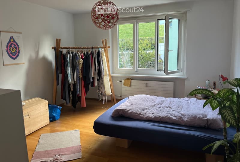 Cozy bedroom with a wooden floor, a bed with a blue mattress and white bedding, a clothing rack with hanging clothes, a small table with a plant, and a hanging geometric lamp.